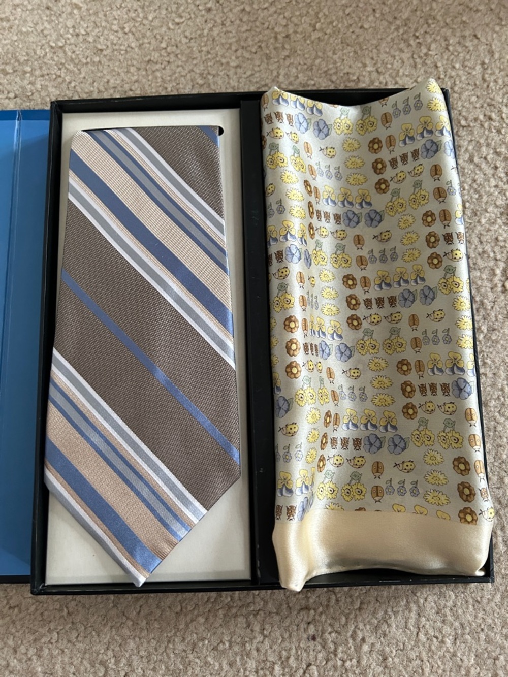 Classic Tan and Blue Striped Silk Tie and Yellow Patterned Pocket Square Set
